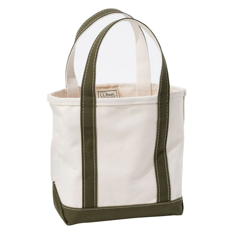 A canvas tote bag with olive green handles and trim, featuring a label that reads \“L.L. Bean.\“