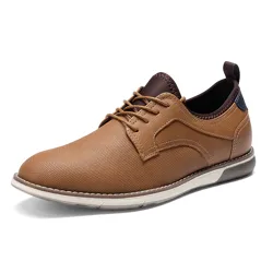 A brown textured lace-up casual shoe with a slightly raised heel and a pull tab at the back, featuring a white and brown sole.