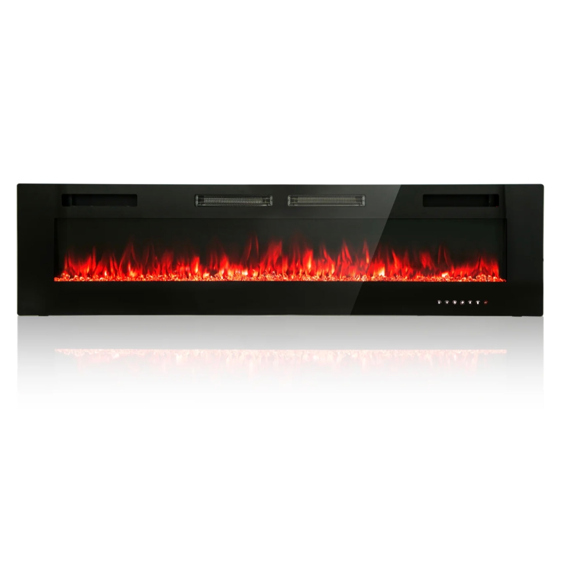 A sleek black electric fireplace with a wide, horizontal design showcases realistic flame effects.