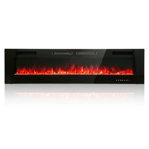 A sleek black electric fireplace with a wide, horizontal design showcases realistic flame effects.