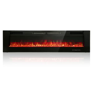 A sleek black electric fireplace with a wide, horizontal design showcases realistic flame effects.