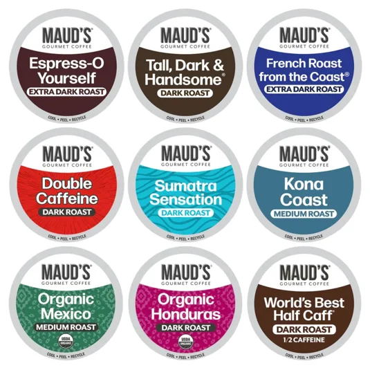 Nine Maud's Gourmet Coffee pods are displayed, featuring various roasts including Espresso-O Yourself, Tall, Dark & Handsome, French Roast from the Coast, Double Caffeine, Sumatra Sensation, Kona Coast, Organic Mexico, Organic Honduras, and World's Best Half Caff.