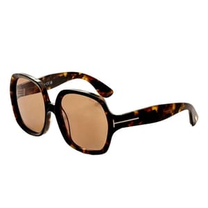 Tortoiseshell sunglasses with square frames and brown-tinted lenses. Features a distinctive \“T\“ logo on the arms.