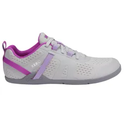 A minimalist athletic shoe with a gray mesh upper, featuring purple and lavender accents, designed by Xero.
