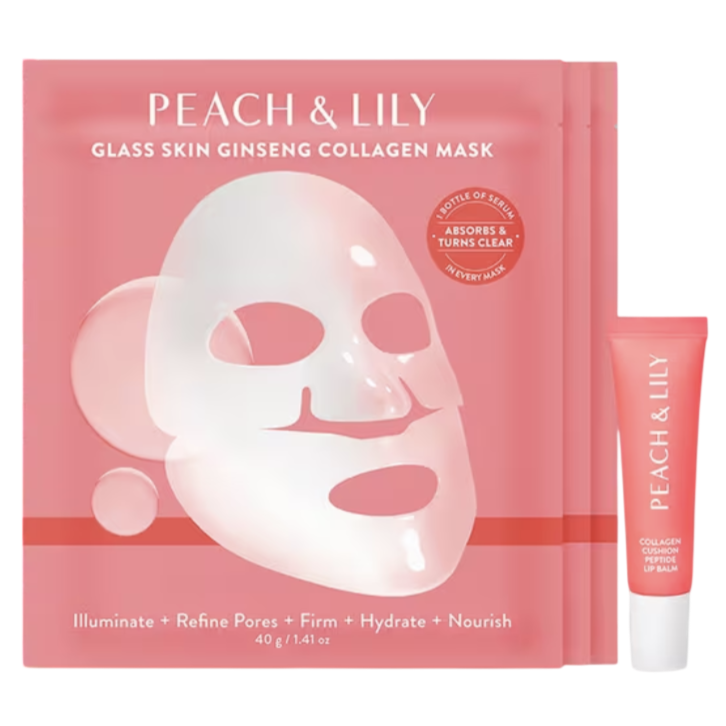 Peach & Lily Glass Skin Ginseng Collagen Mask, designed to illuminate, refine pores, firm, hydrate, and nourish skin, accompanied by a Collagen Cushion Peptide Lip Balm.