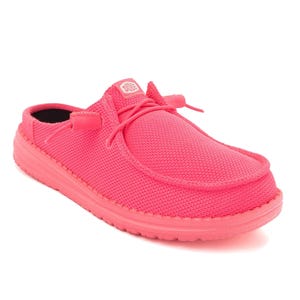 Bright pink slip-on shoe with a breathable mesh upper, cushioned sole, and no heel. Features a lace detail on top.
