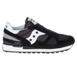 Black and white Saucony Shadow 5000 sneaker with mesh and suede elements, featuring the signature Saucony wave logo on the side.