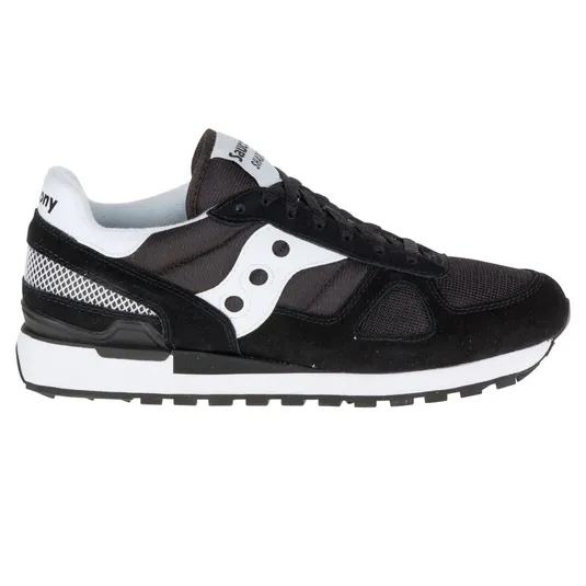 Black and white Saucony Shadow 5000 sneaker with mesh and suede elements, featuring the signature Saucony wave logo on the side.