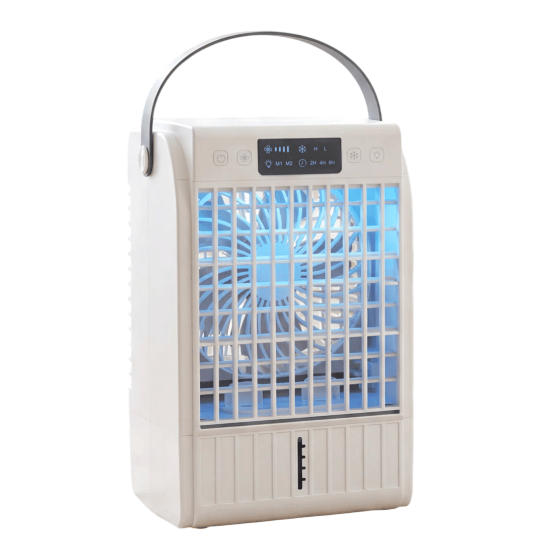 A portable air cooler with a 2/4/6-hour timer is displayed on a table, featuring a visible fan and control panel. A vase with flowers is placed nearby, while a person relaxes in the background.