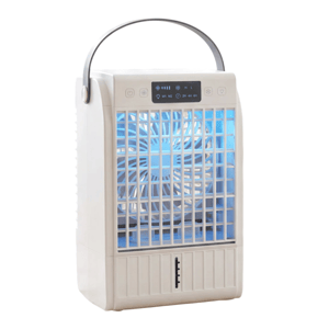 A portable air cooler with a 2/4/6-hour timer is displayed on a table, featuring a visible fan and control panel. A vase with flowers is placed nearby, while a person relaxes in the background.