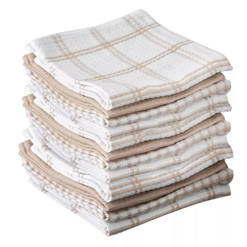 A stack of folded, beige and white checkered cloth napkins or towels.