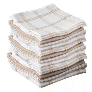 A stack of folded, beige and white checkered cloth napkins or towels.