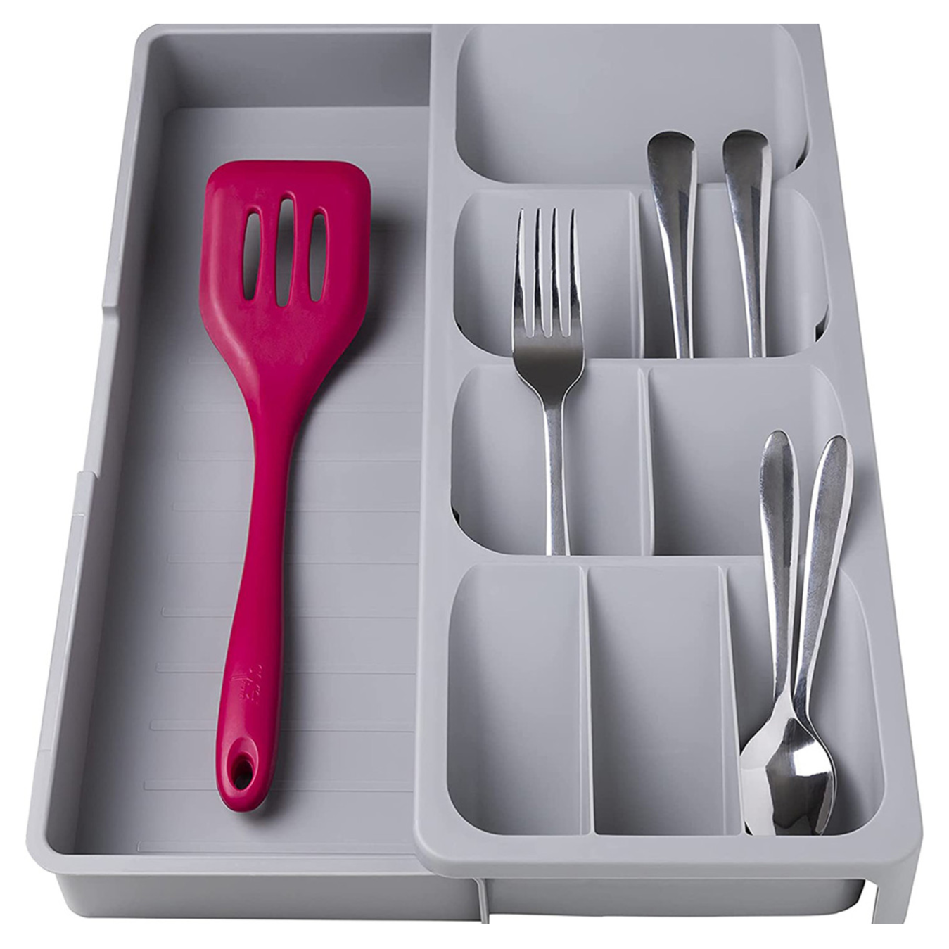 Gray cutlery organizer tray with multiple compartments, housing a red spatula, forks, and spoons.