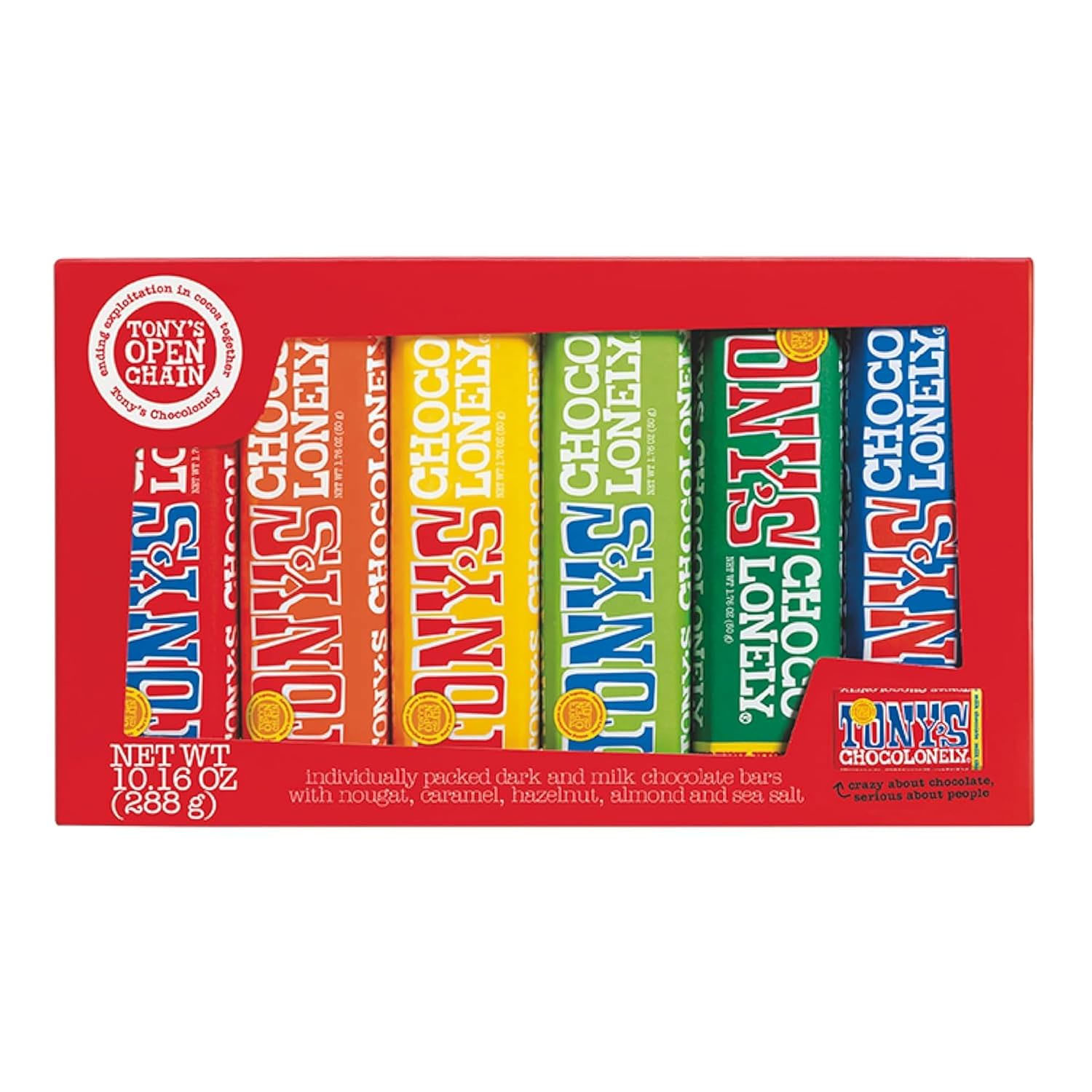Tony's Chocolonely Variety Pack contains seven individually packed dark and milk chocolate bars in colorful packaging, featuring flavors like nougat, caramel, hazelnut, almond, and sea salt. Each bar contributes to Tony’s mission for slave-free chocolate.