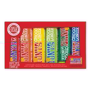 Tony's Chocolonely Variety Pack contains seven individually packed dark and milk chocolate bars in colorful packaging, featuring flavors like nougat, caramel, hazelnut, almond, and sea salt. Each bar contributes to Tony’s mission for slave-free chocolate.