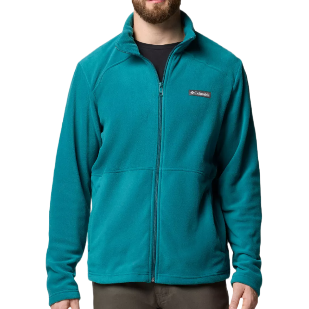 Teal full-zip fleece jacket with Columbia logo on the chest, featuring a high collar and long sleeves.