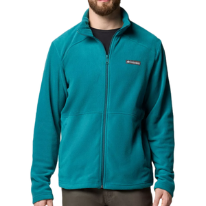 Teal full-zip fleece jacket with Columbia logo on the chest, featuring a high collar and long sleeves.