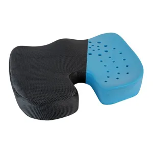 A black and blue memory foam seat cushion with a U-shaped cutout and perforations for breathability, designed to provide comfort and support.