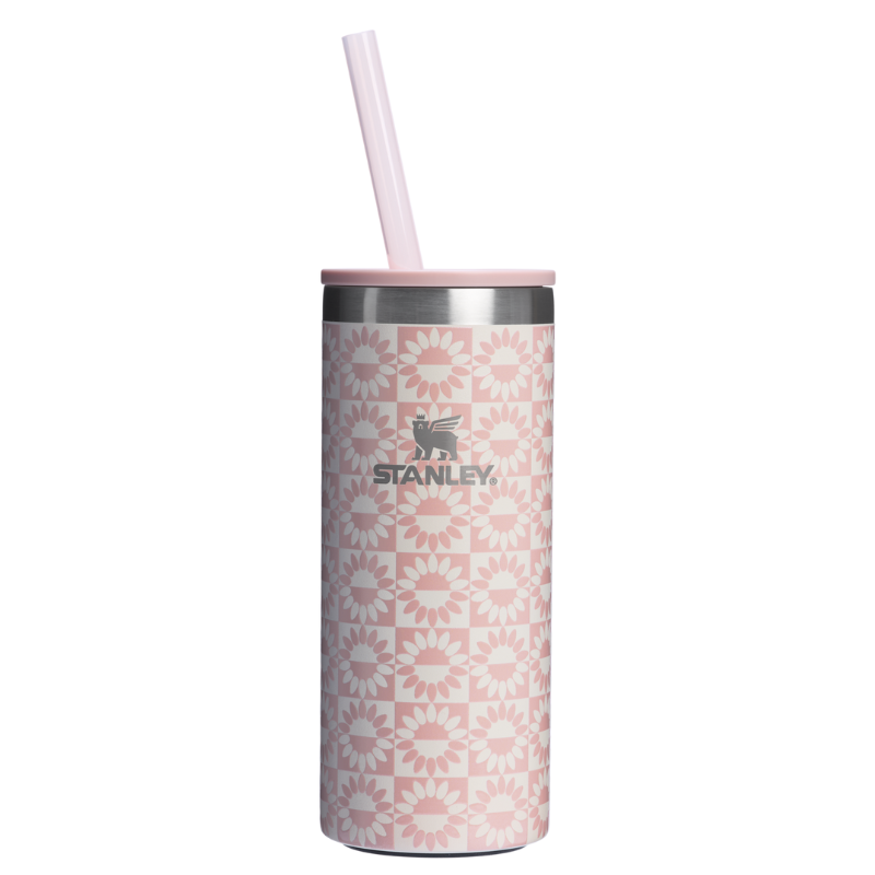 Stanley 10oz Slim Can Cooler Cup with a pink sunflower pattern, double-wall vacuum insulation, steel rim, and reusable straw and lid.