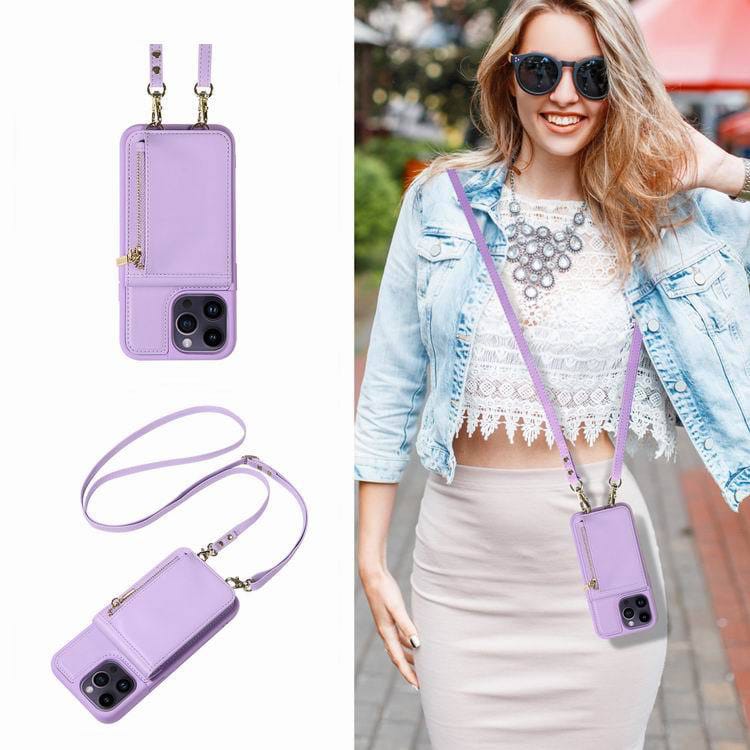 A woman wearing sunglasses models a light purple phone case with a strap.