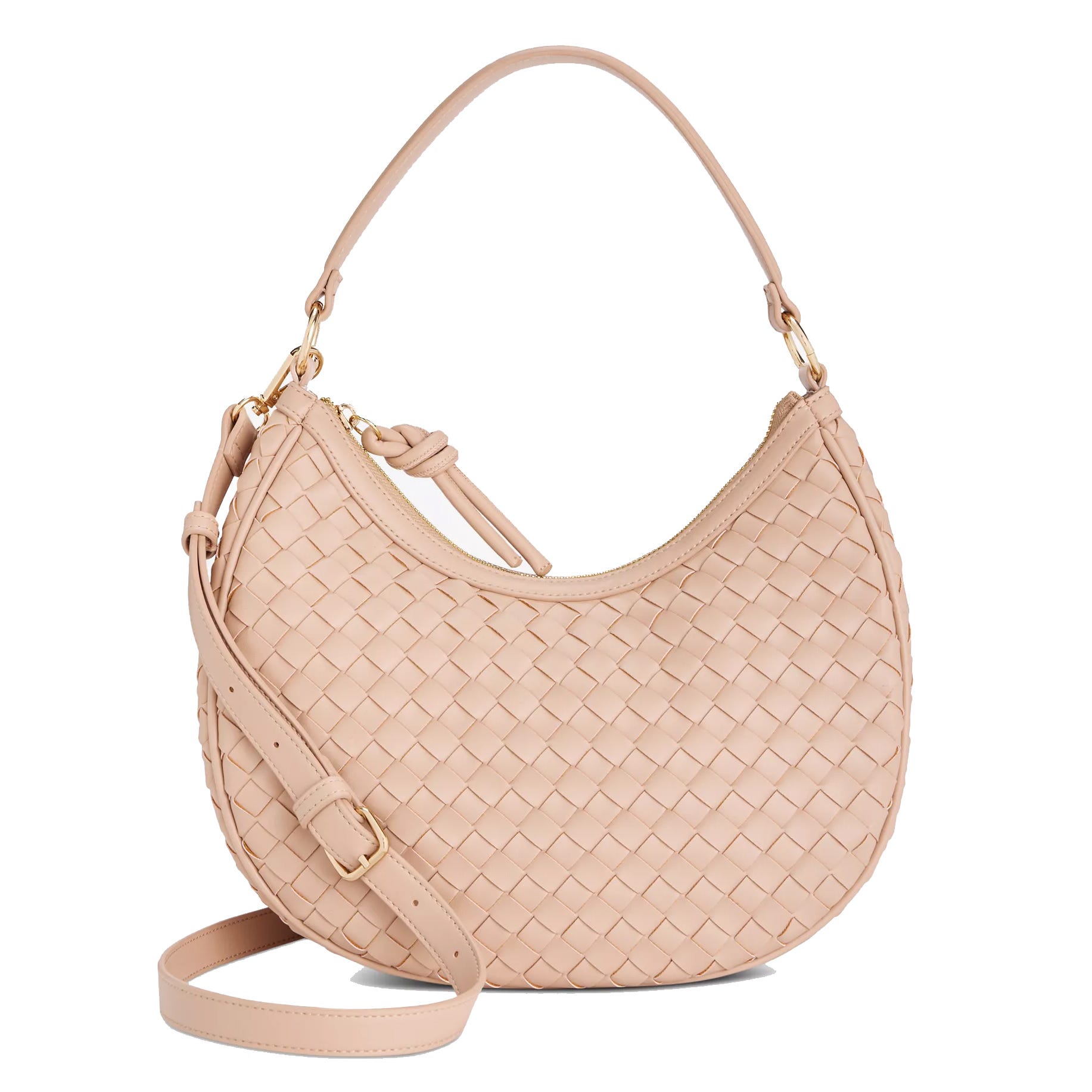 A beige woven hobo bag with a curved silhouette, featuring both a shoulder strap and an adjustable, detachable crossbody strap, and gold-tone hardware.