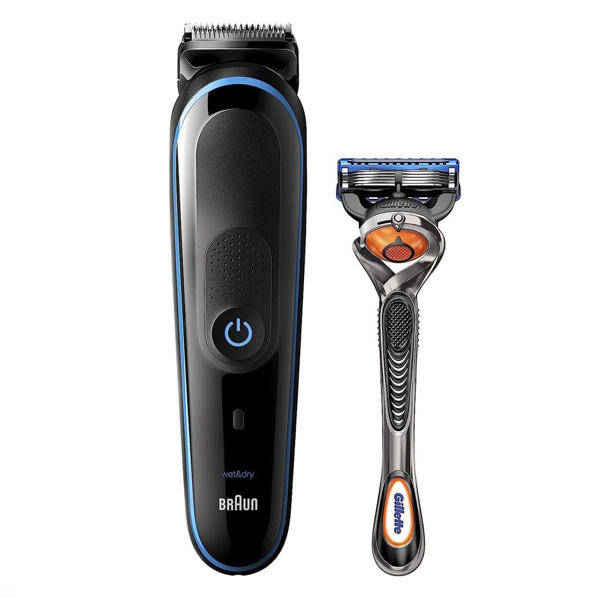 A Braun electric trimmer and a Gillette manual razor are shown.