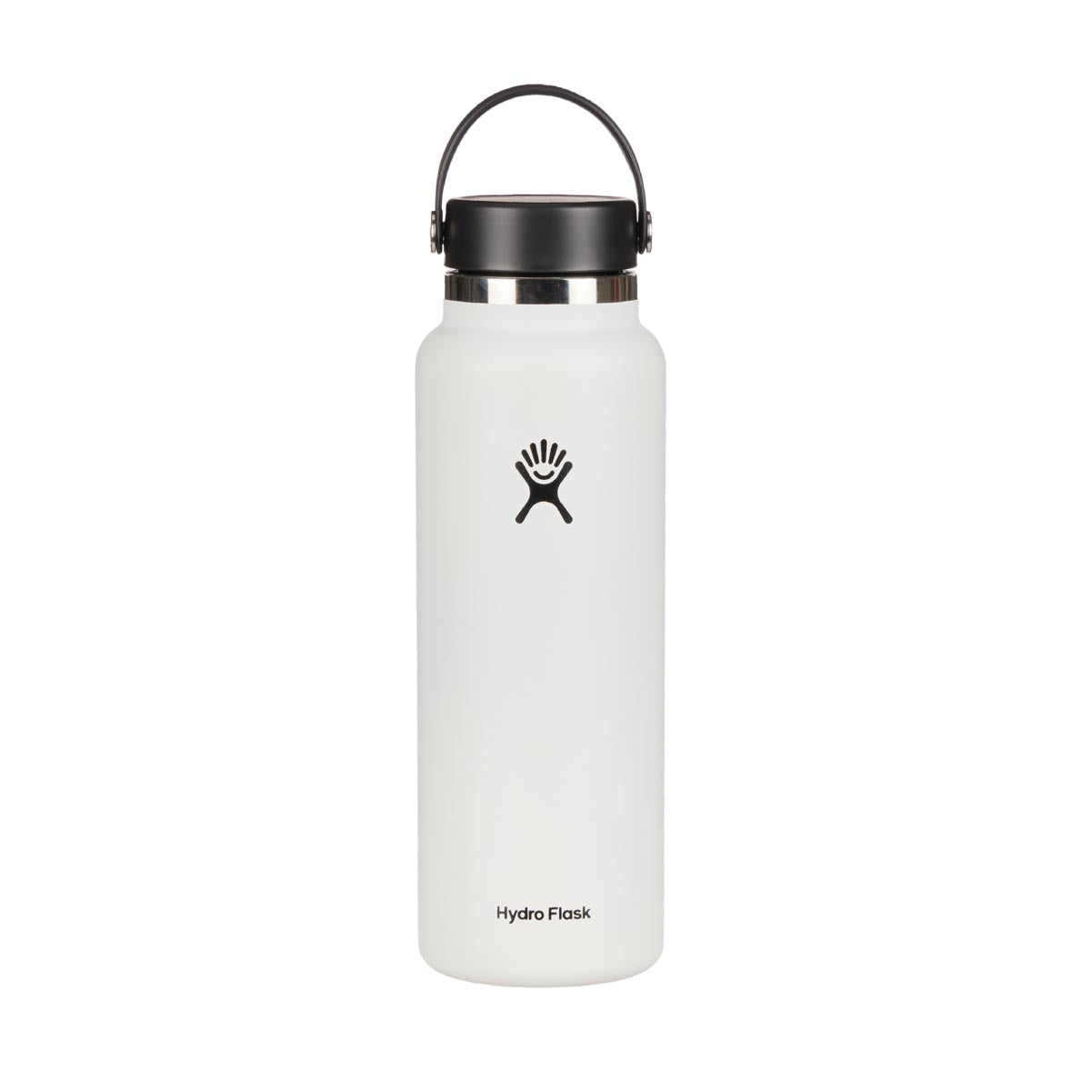 A white Hydro Flask 40oz water bottle with a black logo and cap, featuring a carrying handle.