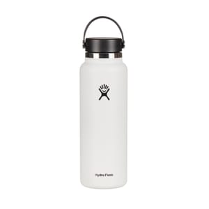 A white Hydro Flask 40oz water bottle with a black logo and cap, featuring a carrying handle.
