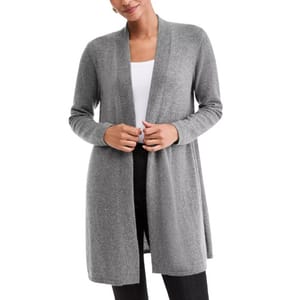 A woman is wearing a long, open-front grey cardigan over a white shirt, paired with black pants.