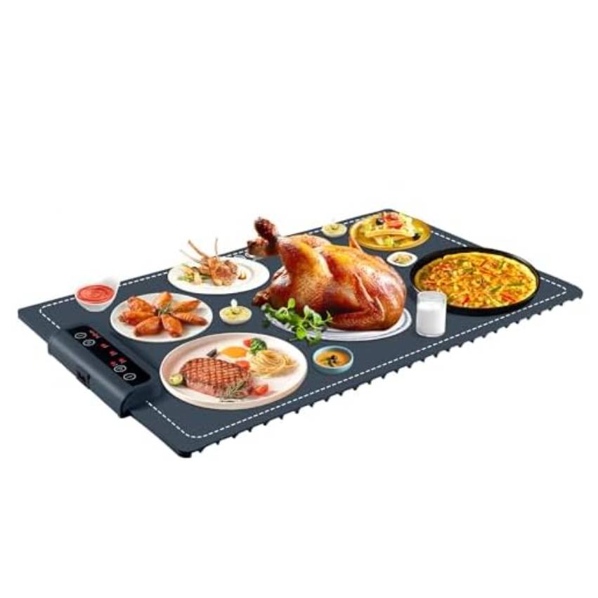 A rectangular portable heating tray with digital controls is shown with an assortment of food including a roasted turkey, a steak, wings, pizza, and more on it, demonstrating its ability to keep multiple dishes warm simultaneously.