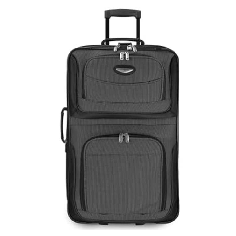 A black, soft-sided suitcase with a telescopic handle and two zippered front pockets.