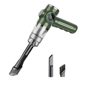 A green handheld vacuum with a clear dust container, digital display, and ergonomic handle. It includes a slim nozzle and a brush attachment for detailed cleaning.