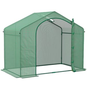 OutSunny 6' Greenhouse is a green, portable structure with a peaked roof and a zippered door, designed for protecting plants from the elements.