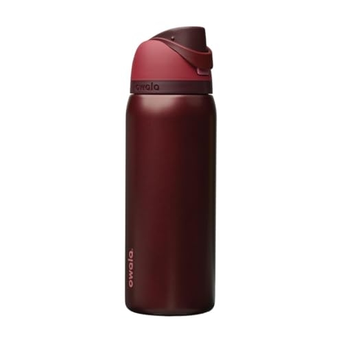 A maroon insulated water bottle with a flip-top lid featuring the brand name \“owala\“ on the side.