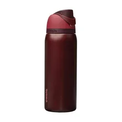 A maroon insulated water bottle with a flip-top lid featuring the brand name \“owala\“ on the side.