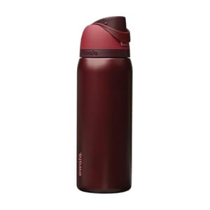 A maroon insulated water bottle with a flip-top lid featuring the brand name \“owala\“ on the side.