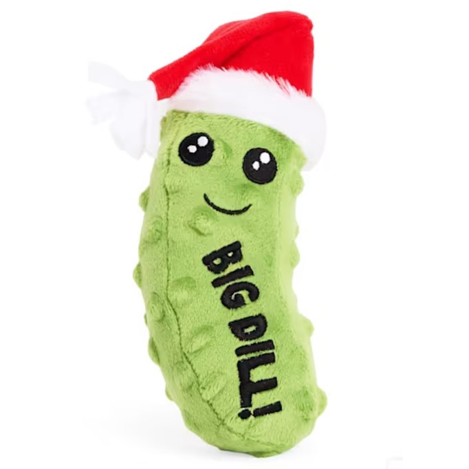 Green plush pickle dog toy with a Santa hat, featuring embroidered eyes and a smile, with \“BIG DILL!\“ text.