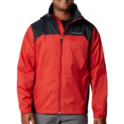 Red and black Columbia jacket with a front zipper, logo on the chest, and a hood.