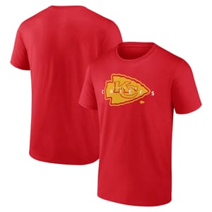 A red T-shirt featuring the Kansas City Chiefs logo on the front, with a plain back.
