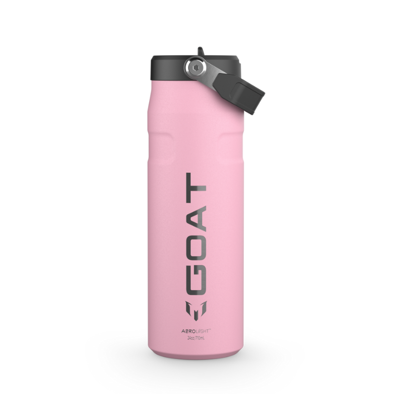 Pink water bottle with \“GOAT\“ written vertically on the side, featuring a black lid and handle. Contains 24 oz (710 ml) capacity.