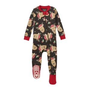 Burt's Bees Baby Holiday Pajamas feature a dark fabric with a festive reindeer and holly pattern, red trim on the collar, cuffs, and soles, and a front zipper closure.