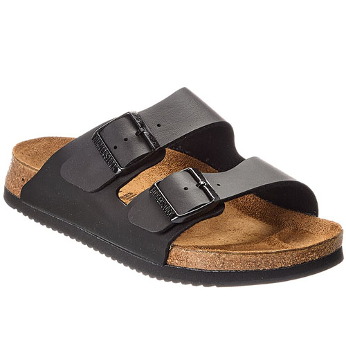 A black sandal with dual adjustable straps and a cork footbed.