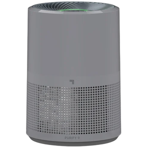 A cylindrical air purifier with a perforated lower section and a fan-like top.