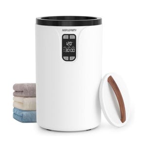 The 20L Towel & Garment Warmer by Mapleparty has a sleek white cylindrical design with a digital display showing temperature and time settings. It comes with a removable lid featuring a wooden handle and can accommodate multiple towels.