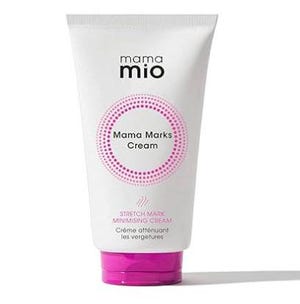 Mama Mio Mama Marks Cream, a stretch mark minimizing cream, is presented in a white tube with pink accents.