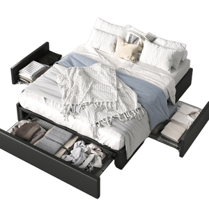 A bed with built-in storage features four drawers containing neatly folded clothes, towels, and linens. The bed is dressed with multiple pillows, a beige and a white throw, and a light blue blanket.