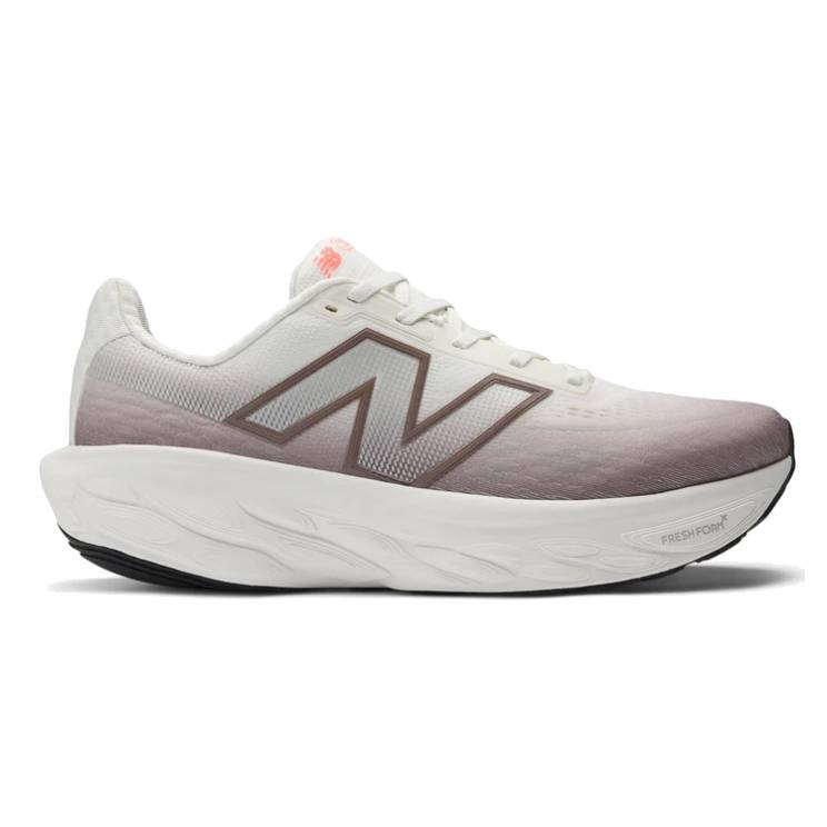 New Balance running shoe with a white and gradient brown design, featuring a large \“N\“ logo on the side and a thick FreshFoam midsole.