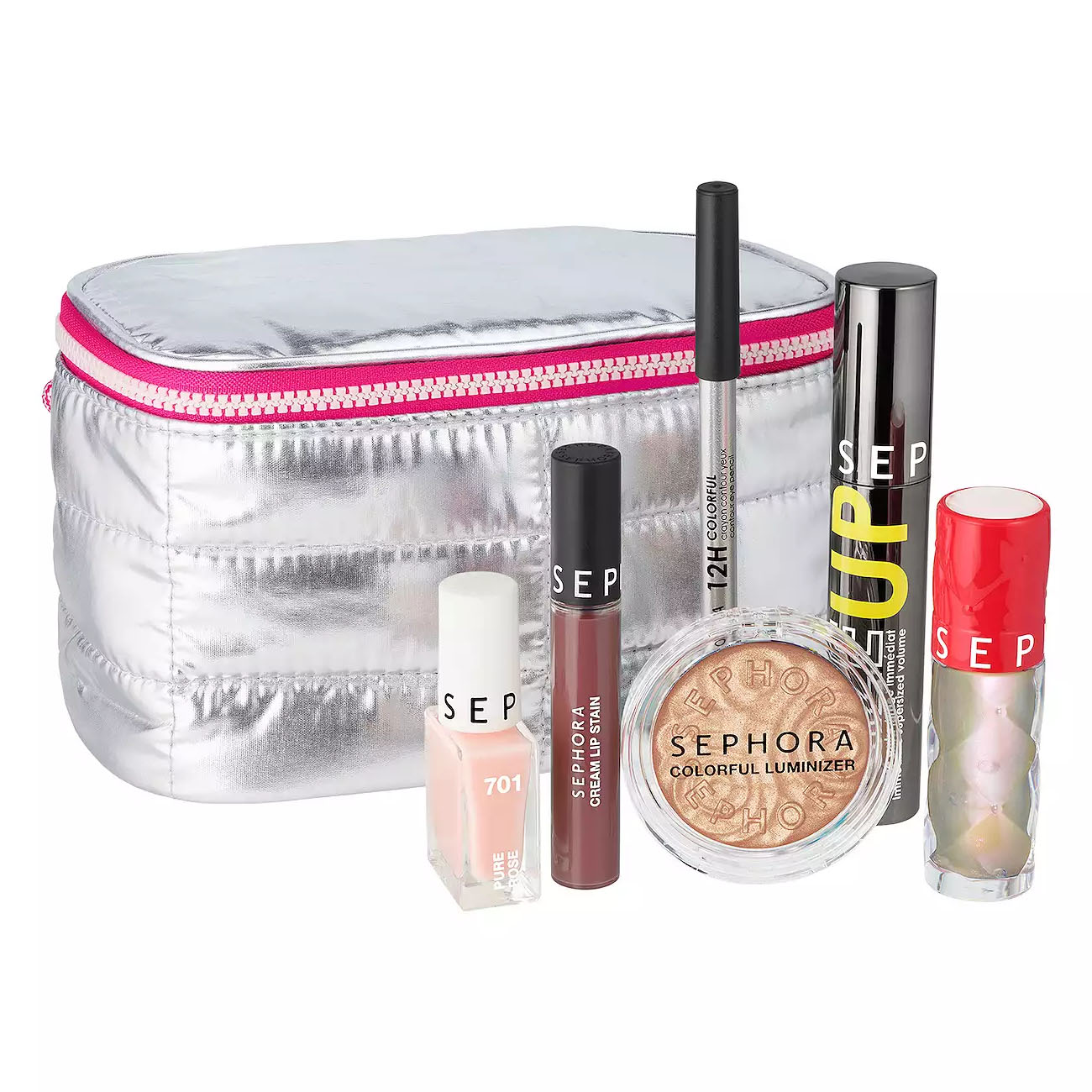 Sephora Makeup Gift Set includes a silver cosmetic bag, nail polish, cream lip stain, colorful luminizer, mascara, eye pencil, and lipstick.