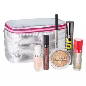 Sephora Makeup Gift Set includes a silver cosmetic bag, nail polish, cream lip stain, colorful luminizer, mascara, eye pencil, and lipstick.