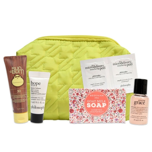 a lime green cosmetics bag behind five mini cosmetic samples